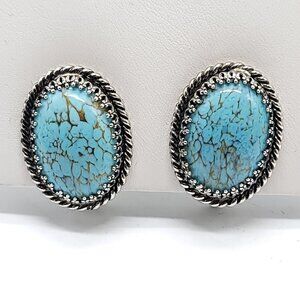 Silver Tone Oval Braided Edge Metalwork Blue Robins Egg Clip On Earrings Vintage